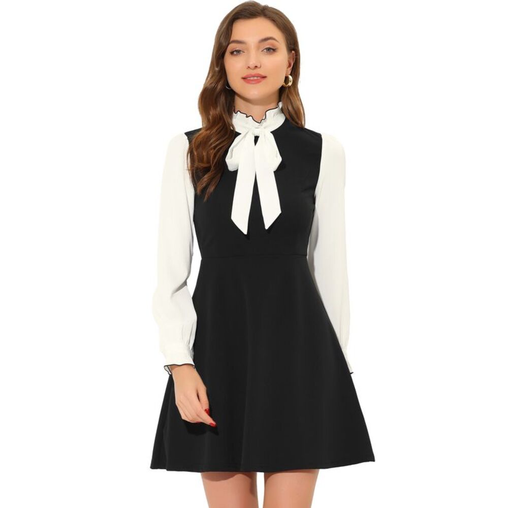 Contrast Color Dress for Women's Vintage Long Sleeve Tie Neck Black - Picture 1 of 5